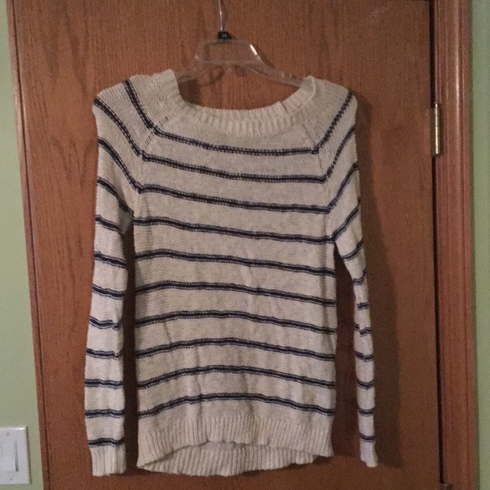 Beige with navy blue striped sweater
